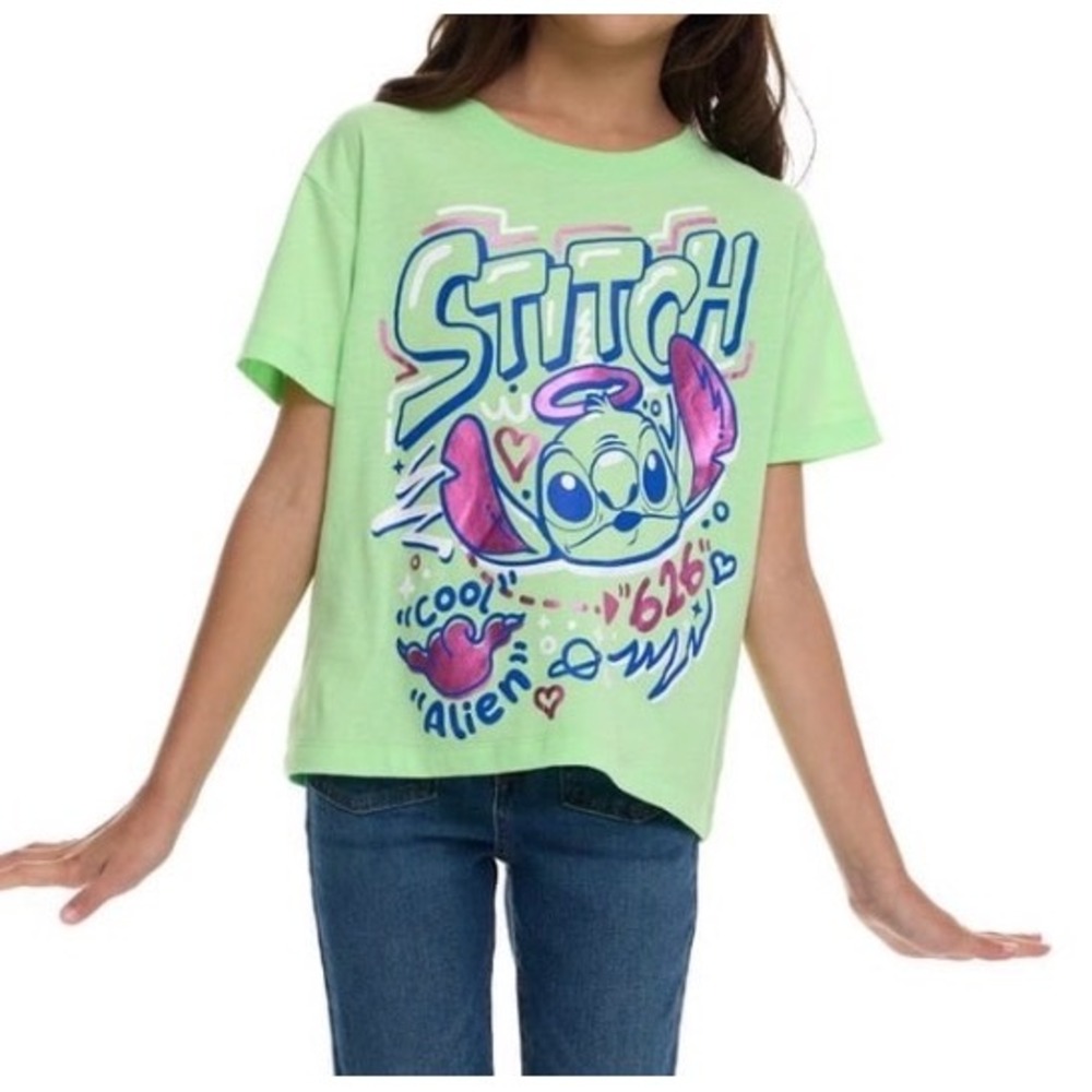 Disney Stitch Graphic Tee Girls S 6/7 Lime Green Metallic Foil Shirt New